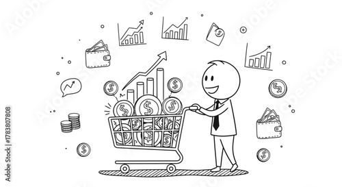 A businessman pushing a shopping cart filled with coins, symbolizing financial growth and success, surrounded by charts and graphs representing market analysis and profitability, illustration