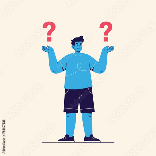 Confused man with question marks a flat vector illustration of a person facing a dilemma isolated on a light background transparent background