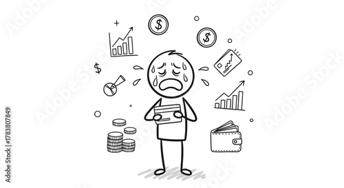 Cartoon illustration of a sad person facing financial struggles. The character is crying, surrounded by financial symbols, representing debt, money, and economic problems