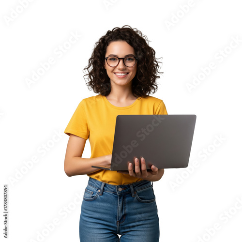 Smiling woman holding laptop isolated on white