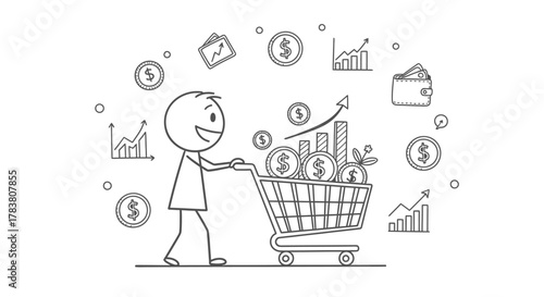 Illustration of a person pushing a shopping cart filled with coins, symbolizing financial growth, business success, and investment in a visual representation. The concept of profits, wealth, and money