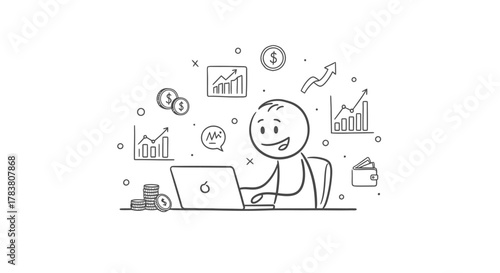 Cartoon stick figure working on a laptop surrounded by financial charts and currency symbols, symbolizing business and investment success