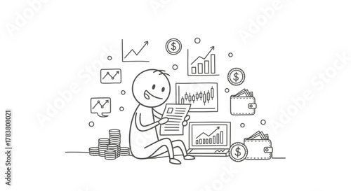 Financial analysis illustration featuring a stick figure reviewing charts and graphs surrounded by money, wallets, and growth symbols, representing financial planning and investment strategies