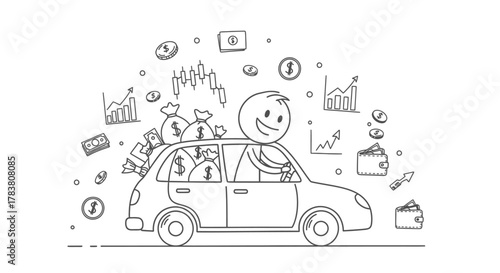 Illustration of a stick figure driving a car overflowing with money bags, surrounded by financial symbols like charts and currency symbols, depicting wealth and investment