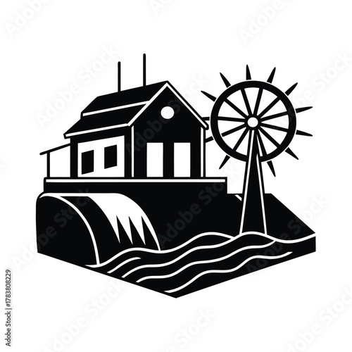Micro hydro power plant vector illustration beside stream with turbine silhouette