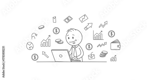 Digital Finance Illustration Businessman using a laptop to analyze financial data, investment graphs, and monetary symbols for business and economic growth
