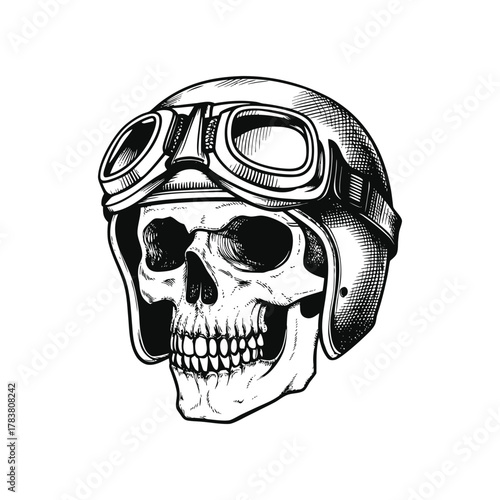 Black and white illustration of a human skull wearing an old vintage pilot helmet with goggles in a hand drawn line art style vector