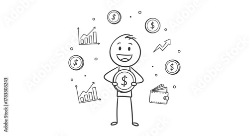 Finance-themed illustration of a stick figure holding a coin, surrounded by money symbols and charts, representing investment and financial growth concepts