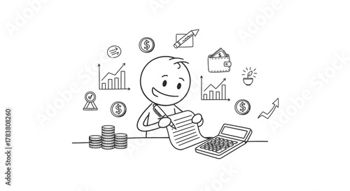 Cartoon depiction of financial planning, featuring a stick figure calculating finances with graphs, calculator, wallet, coins, and pen, representing wealth and management