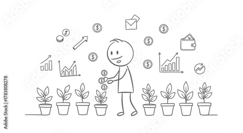 Financial growth illustration Investing in the future with stick figure watering growing plants, featuring financial icons like graphs and money symbolizing profit