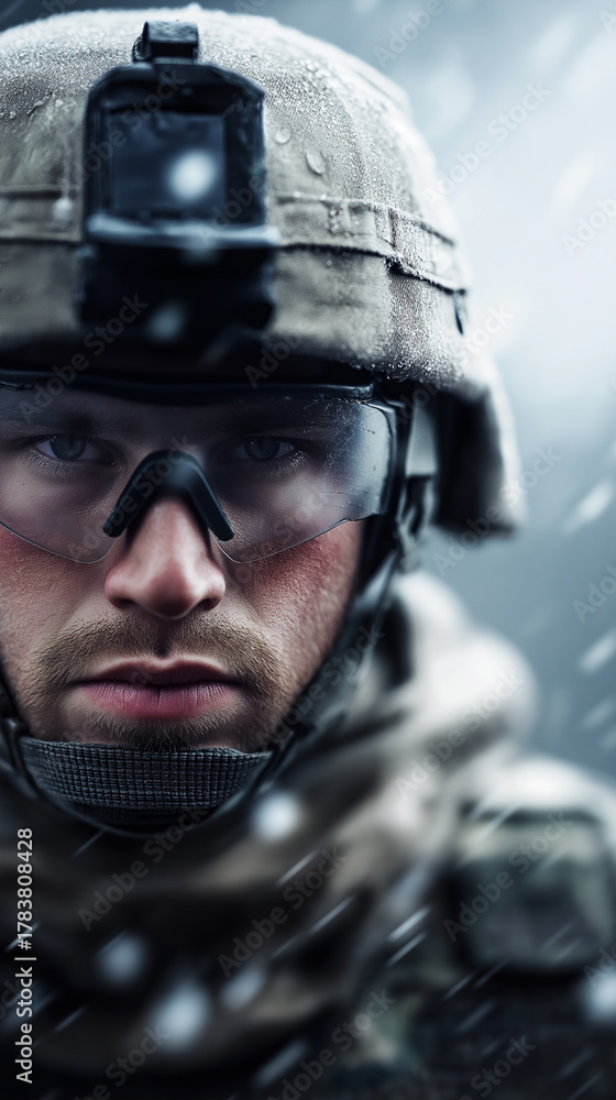 Obraz premium Close-up portrait of soldier wearing helmet and goggles in the rain. 