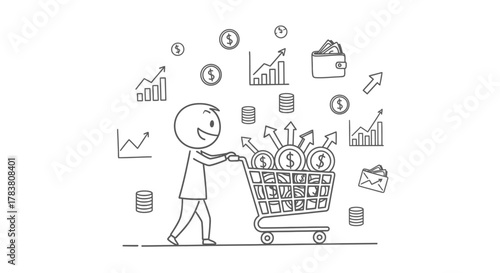 Financial Growth A cheerful character pushing a shopping cart overflowing with coins, symbolizing investment success and economic progress