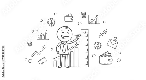 A doodle of a businessman using a ruler to measure a rising bar graph, symbolizing financial growth and success, with money icons