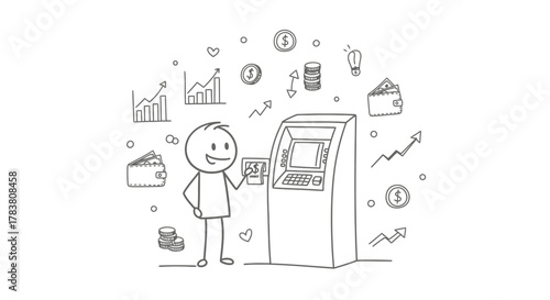 Stick figure interacting with an ATM, surrounded by financial symbols, representing banking, finance, and economic concepts related to money and transactions