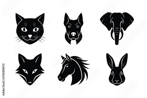 6 wild life animal head silhouette vector illustration
