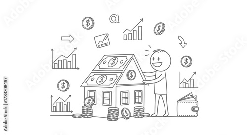 A cheerful individual invests in a house, symbolizing financial growth and homeownership, with money and market data icons to illustrate the concept of wealth