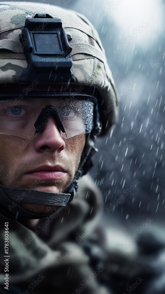 Fototapeta premium Close-up portrait of soldier wearing helmet and goggles in the rain. 