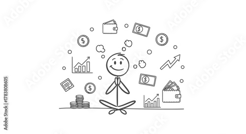 Meditating on Financial Growth A Visual Representation of Personal Finance, Investment, and Budgeting with Stick Figure and Money Symbols