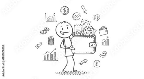 Stick figure illustration showing a person holding a wallet overflowing with money and surrounded by financial symbols, representing wealth and financial success