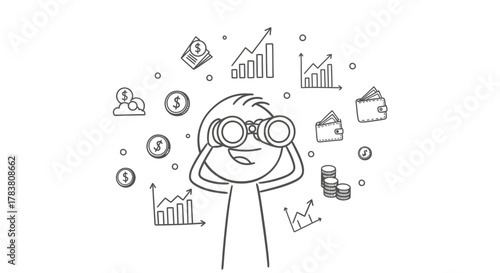 Visionary Investor Observing Financial Growth and Trends with Binoculars, Spotting Opportunities, Analyzing Charts, and Making Informed Investment Decisions for Future Prosperity