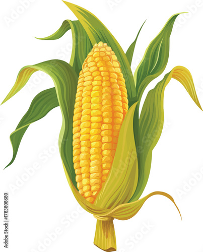 simple, flat vector illustration of a golden-colored ear of corn on a wooden stick, against a white background