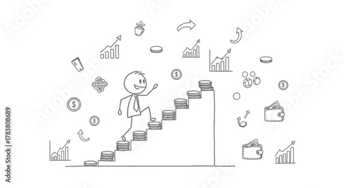 Conceptual depiction of financial growth A stick figure ascending stairs representing career advancement, wealth accumulation, and success with charts, coins, and elements