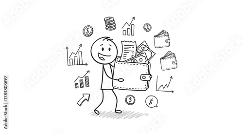 Financial success concept illustration stick figure carries a full wallet surrounded by money charts, symbolizing wealth, growth, and budgeting, perfect for finance topics