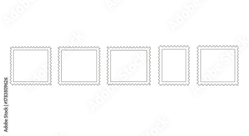 Vector illustration of collection of five blank postage stamp frames with perforated edges