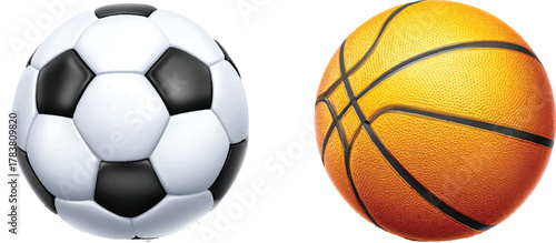 soccer ball and basketball, both on a white background as emoji icons, in the style of vector art