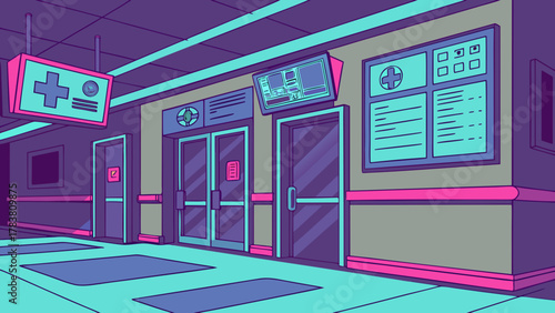 Neon Smart Hospital with Digital Screens Vector 