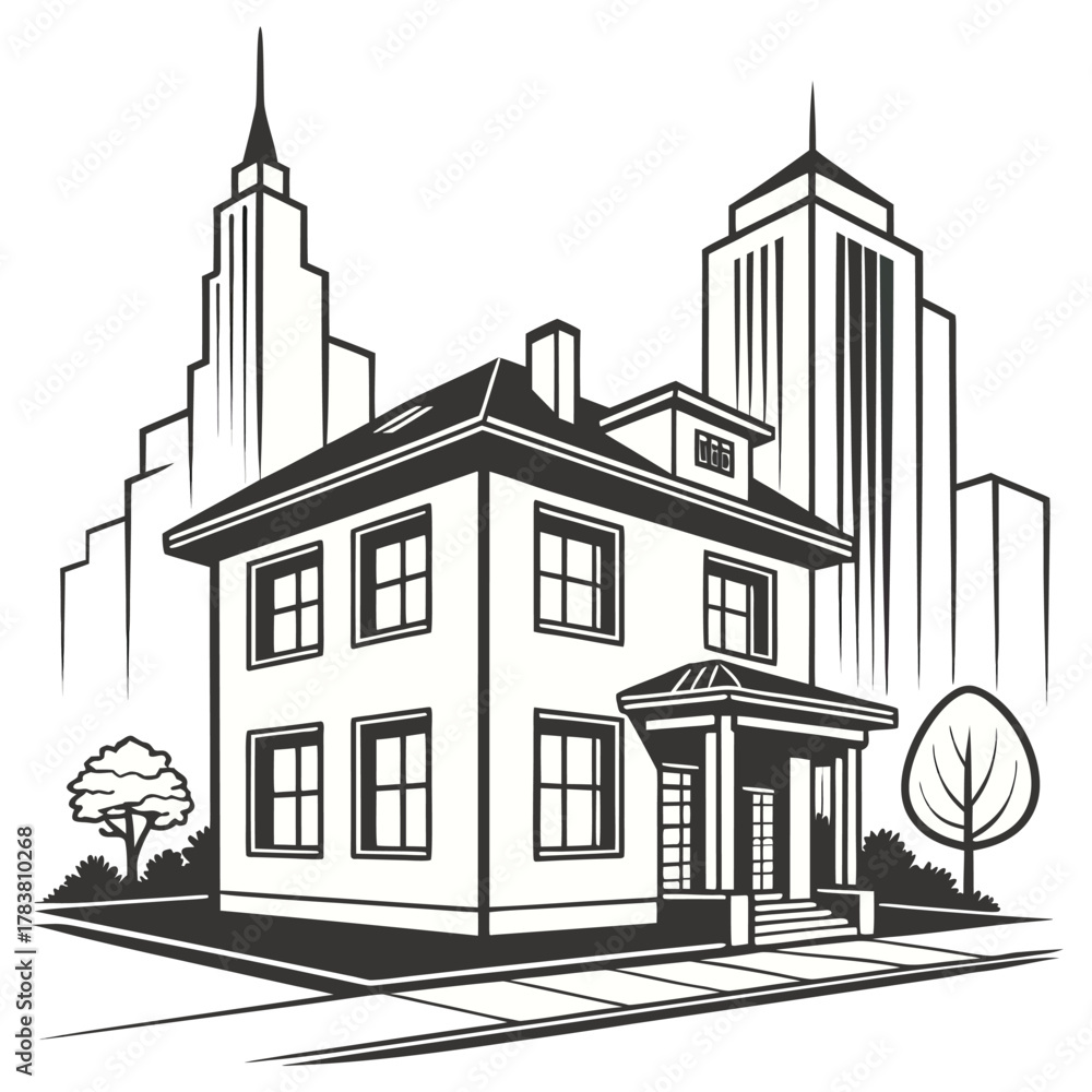 Fototapeta premium Vector illustration of a city - Modern Residential House Vector with City Skyline Background