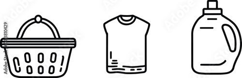 Black and White Laundry Icon Set Featuring Basket, T-Shirt, and Detergent Bottle – Minimalist Silhouettes for Clothing Care and Household Chores