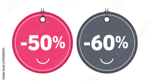 Vector illustration of two round discount tags, one pink with 50 and a smiley face, the other grey with 60 and a smiley face