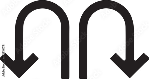 Two black u turn arrows pointing downwards on a white background