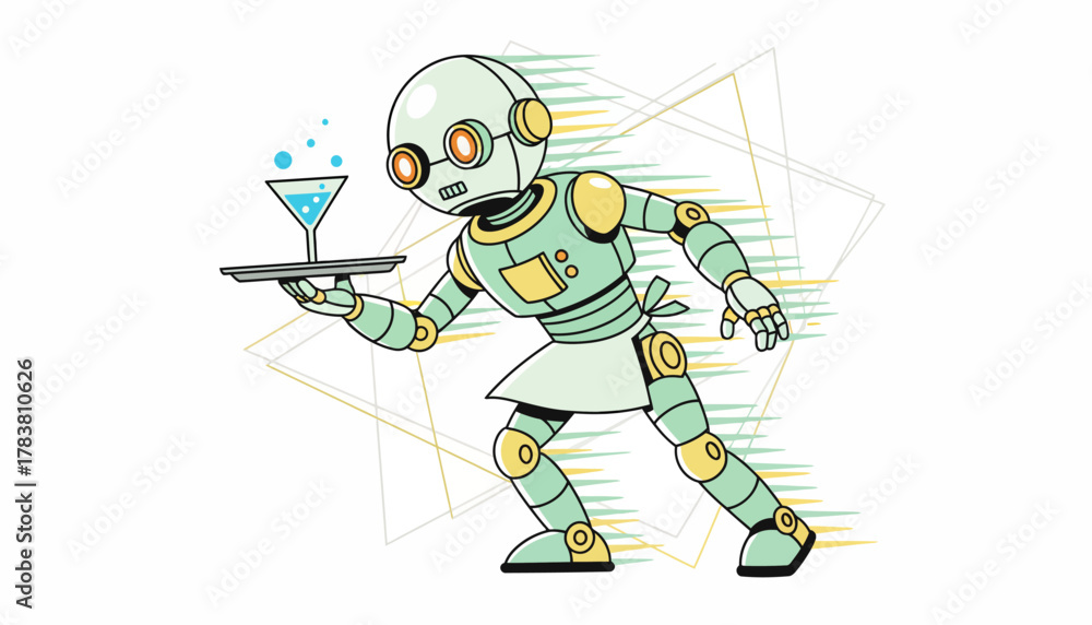 Fototapeta premium Speedy Retro Robot Waiter Serving Cocktail Drink on Tray - AI Automation in Hospitality
