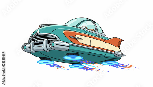 Retro-Futuristic Flying Car Illustration. Vintage 1950s Style Hover Vehicle with Chrome Accents and Energy Propulsion.