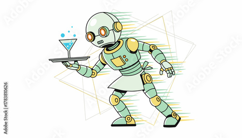 Speedy Retro Robot Waiter Serving Cocktail Drink on Tray - AI Automation in Hospitality
