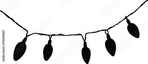 Monochrome Vector Illustration of Hanging Holiday Lights Featuring Five Classic Bulbs on a Curved Wire for Festive Seasonal Decoration