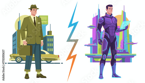 The Past and Future of Business: Retro Man with Briefcase Confronts Futuristic Hero with Holographic Tech