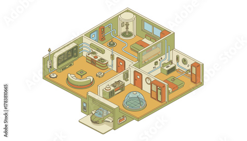 Retro-Futuristic Smart Home Isometric Cross-Section Showcasing Advanced Automation and High-Tech Interior Design