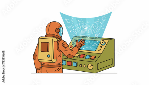 Astronaut Interacting with Retro Control Panel and Holographic Galaxy Display: Future Space Exploration Vector.