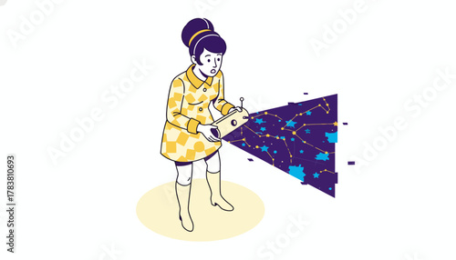 Retro Futuristic Woman Using Scanner to Reveal Constellation Map and Data Visualization