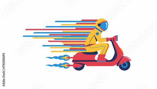 Express Delivery Concept: Speeding Astronaut on a Scooter with Velocity Trails, Symbolizing Rapid Service.