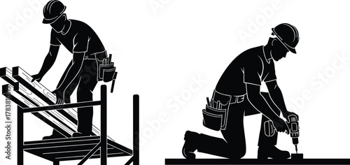 Construction workers silhouette, carpenters working with tools, drilling and carrying wood boards, building site labor, vector illustration, hard hat safety, teamwork concept.