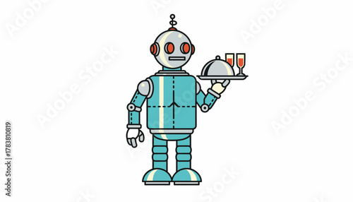 Vintage Cartoon Robot Butler Serving Drinks: Automated Hospitality and AI Food Service Concept
