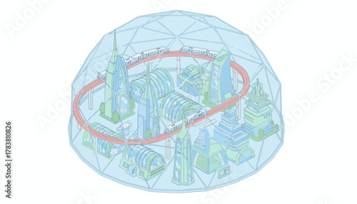 Futuristic Isometric Smart City within a Geodesic Dome - Eco-Friendly Urban Planning and Transportation