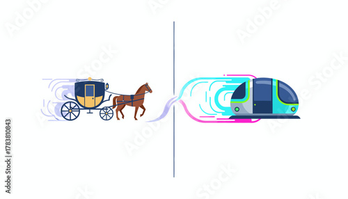 Technological Evolution: Horse-Drawn Carriage Transforming into Futuristic Autonomous Transport Pod
