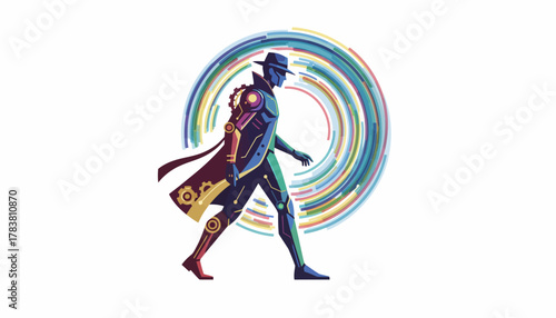 Vector Illustration of a Cyberpunk Agent or Cyborg Detective in a Trench Coat, Moving Through Dynamic Digital Data Streams and Artificial Intelligence.