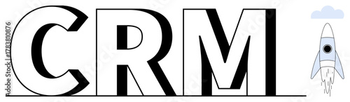 Bold CRM text with a minimalist rocket taking off above clouds. Ideal for business development, customer management, innovation, growth strategies, digital tools, automation, simple flat metaphor