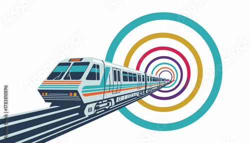 High-Speed Commuter Train Vector Illustration in Abstract Colorful Tunnel for Modern Urban Transportation and Connectivity